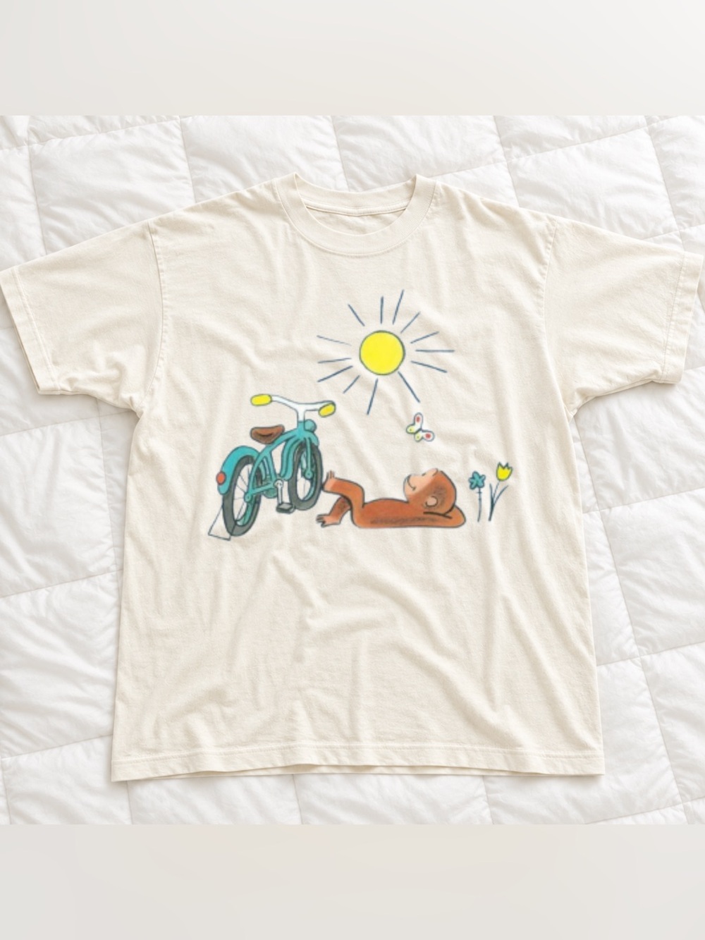 Gildan Curious Graphic Tee with Bike & Sun Illustration, Vintage Retro Styles